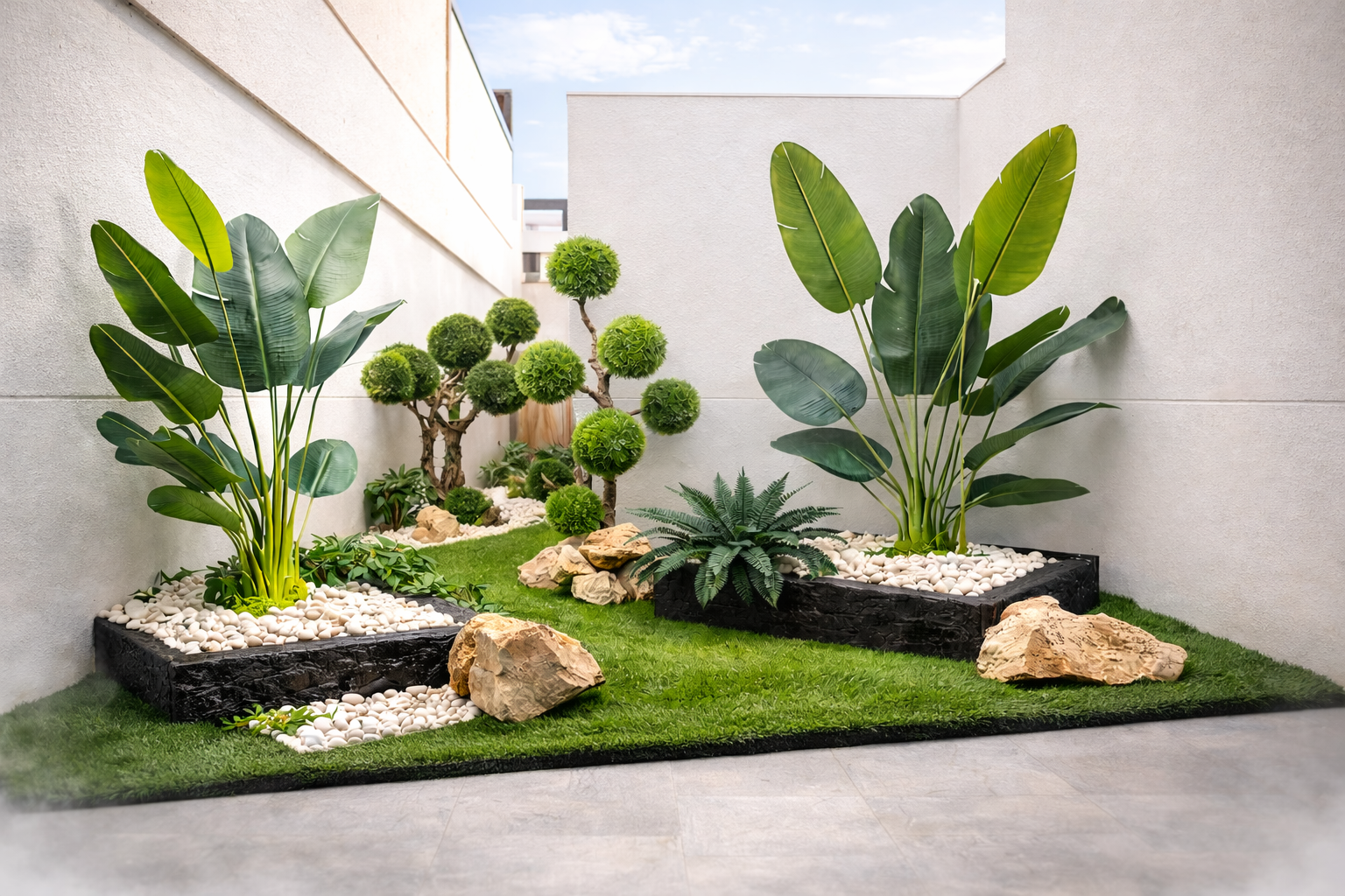 Patio con jardinería artificial de suelo